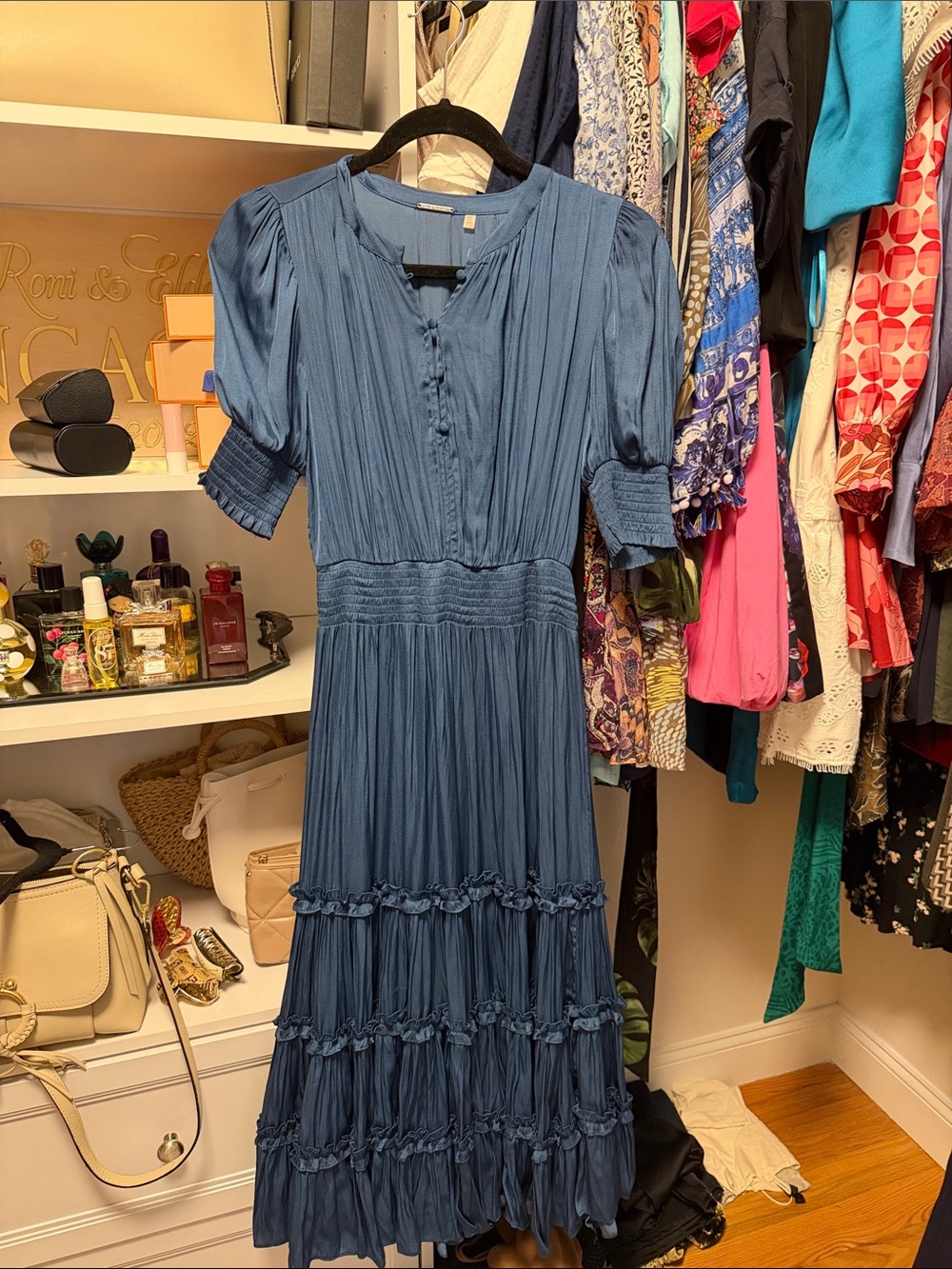 Elie Tahari Blue Tiered Midi Dress with Smocked Waist